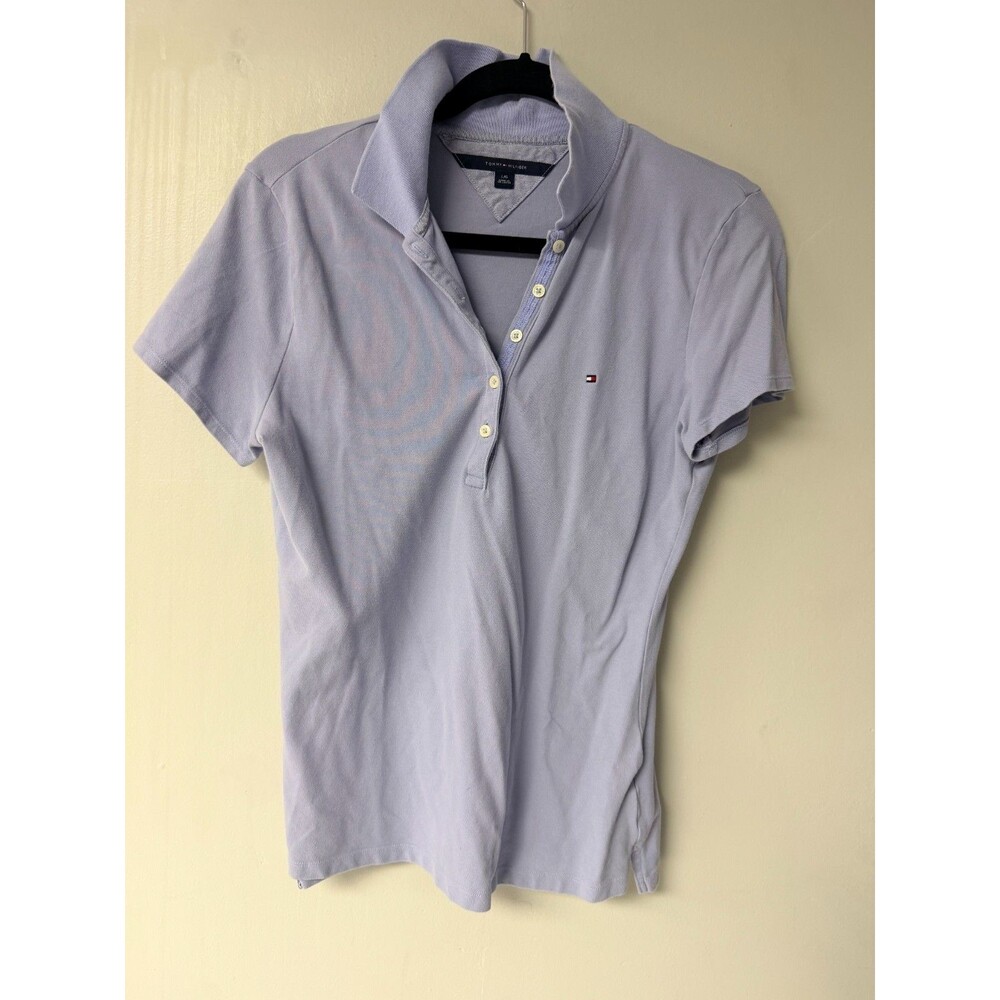 Tommy Hilfiger Womens Large Lavender Short Sleeve Polo Shirt Flag Logo